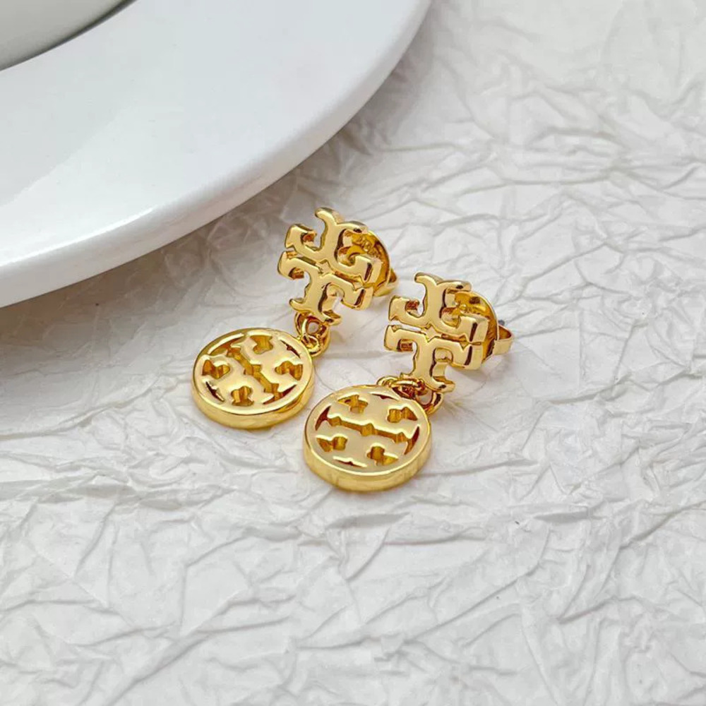Tory Burch Gold Plated Copper Round Hollow Letter Stud Earrings